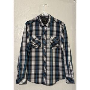 Chalc Men's Long  Sleeved Button Up Shirt Blue & Black Plaid Size Medium